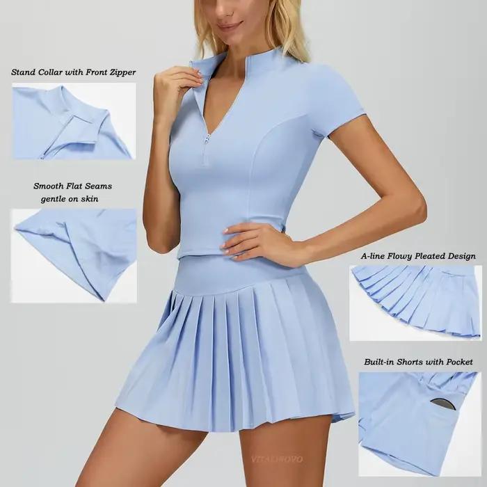 VITALINOVO ensembles de jupes de Tennis pour femmes fermeture éclair col en V chemises haut assorti taille haute plissé