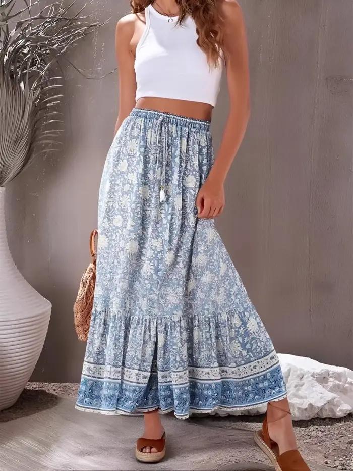 Vintage Chic mode femmes Hippie plage bohème imprimé floral jupes taille haute Maxi a-ligne Boho jupe Femme