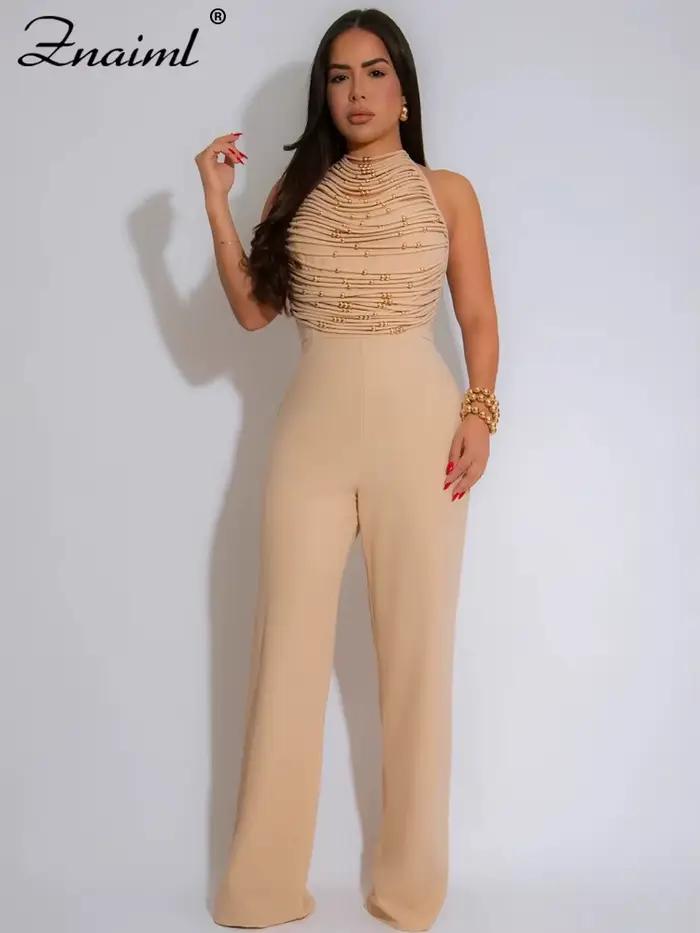 Znaiml combinaisons longues élégantes pour les femmes été sans manches licou à lacets dos nu pansement pantalon à jambes larges barboteuses une pièce 2025