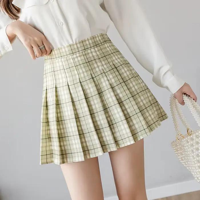Jupe plissée à carreaux taille haute pour femmes