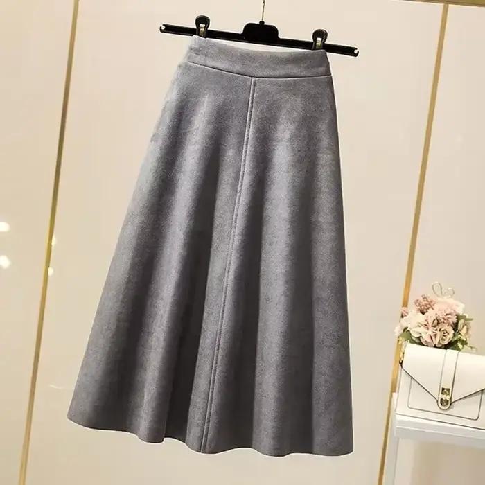 Vinatge Faux daim jupe pour femmes automne hiver une ligne taille haute jupes femme couleur unie genou longueur