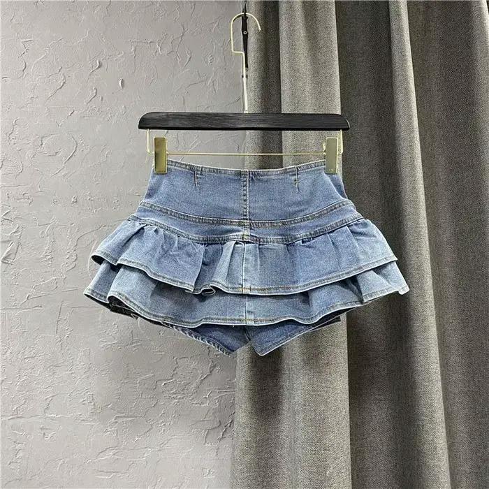 Jupe Courte Plissée Imprimée en Jean Bleu Taille Haute Style Y2K Rétro Mignonne Sexy Streetwear Femme Nouvelle Collection Été 2026