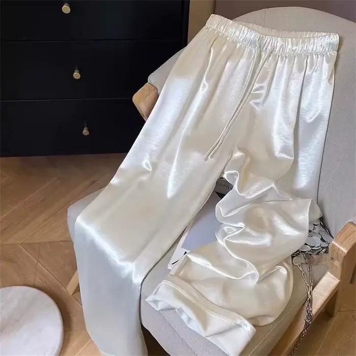Pantalons décontractés de mode coréenne taille haute mince jambe large femmes printemps été bureau couleur unie plissés droit tout-match décontractés