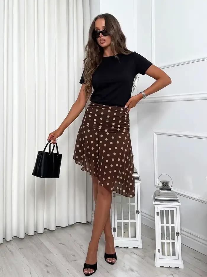 Jupe plissée asymétrique marron élégante à pois pour femme