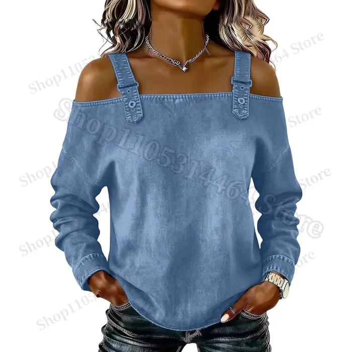 Haut en jean pour femme, élégant haut à épaules dénudées à manches longues avec bretelles, chemise en jean élégante et polyvalente