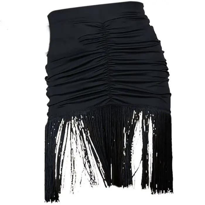 Jupe de danse latine noire à franges et volants pour femmes