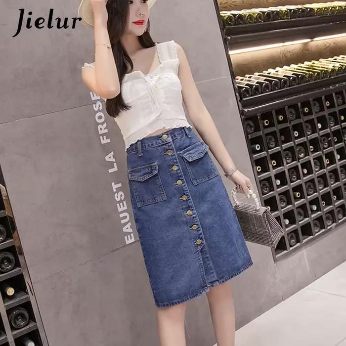 Jielur Taille Haute Denim Jupes lèvent Poches Classique Jeans Jupe pour Femmes S-5XL