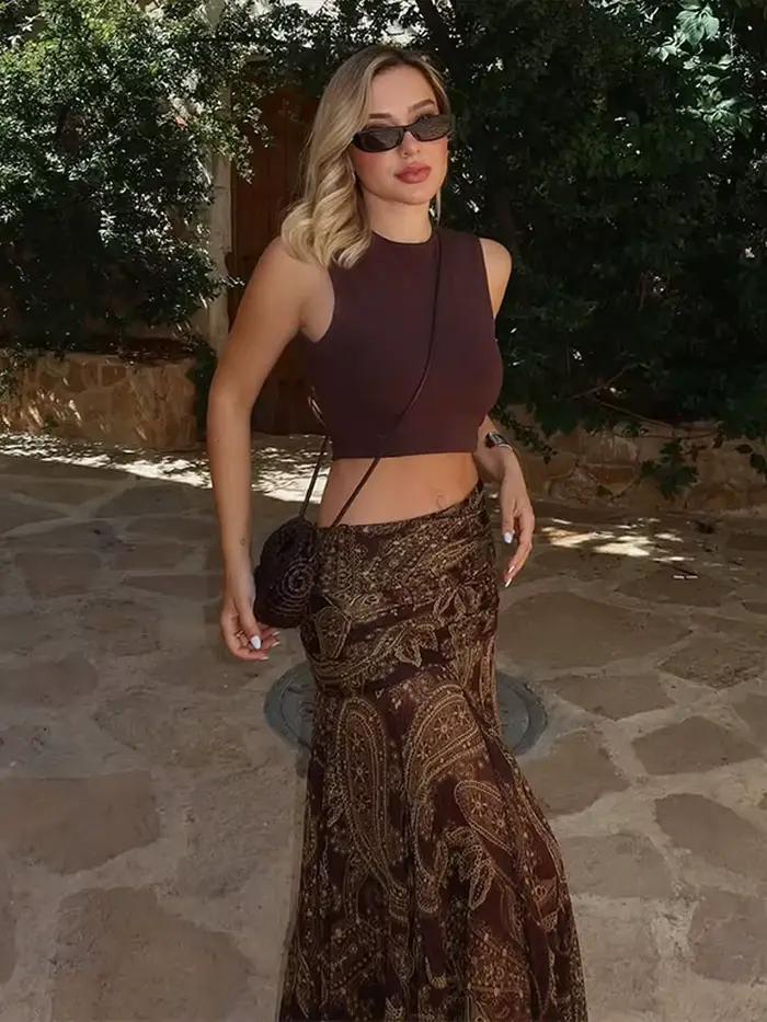 Mode imprimé jupe longue femmes taille haute cheville longueur