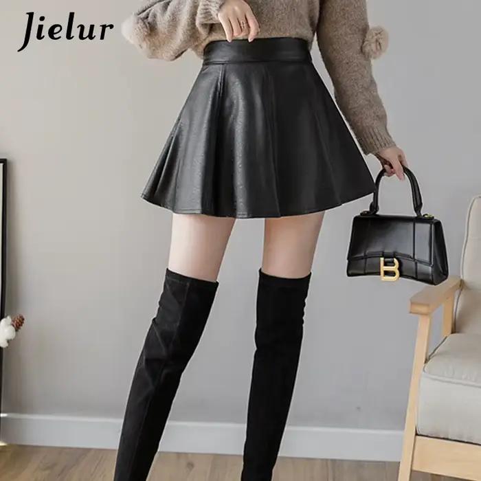 Jupe plissée Jielur en simili cuir pour femmes, élégante et polyvalente, idéale pour toutes les saisons, coupes régulières, tour de taille empire, mini longueur, polyester et simili cuir, multiple couleurs et tailles disponibles
