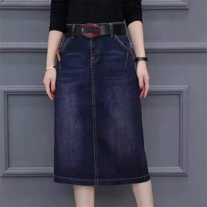 Cowboy jupe midi mi-longue 2025 nouveau printemps été Denim enveloppé hanche taille haute fendue a-ligne