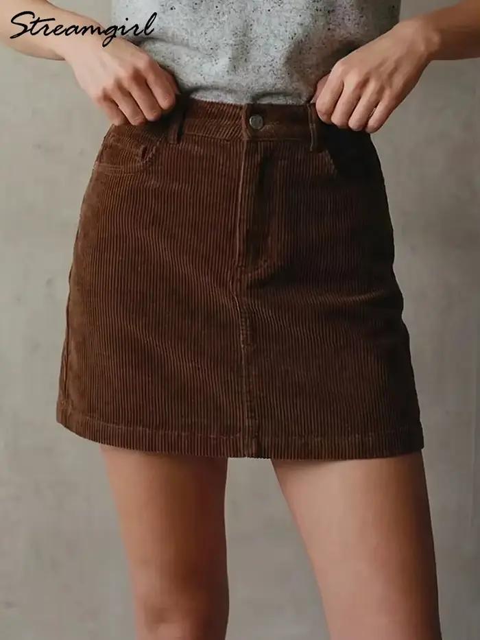 Printemps velours côtelé Mini jupe bordeaux pour femmes marron Vintage une ligne jupes courtes avec court à l'intérieur