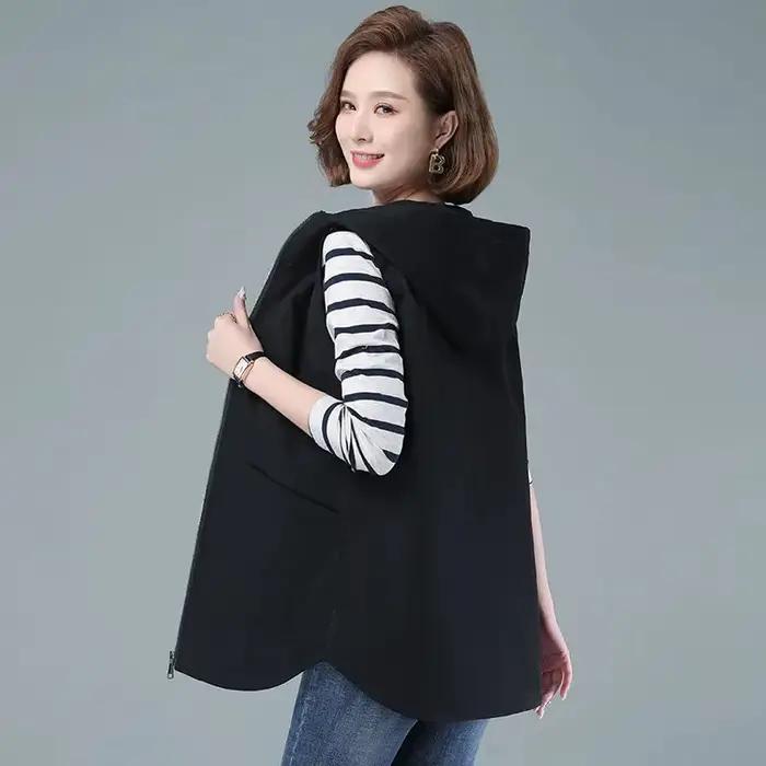 Gilet mi-long pour femme, nouvelle collection printemps 2026, style coréen, sans manches, décontracté, à capuche, avec fermeture éclair, veste d'extérieur