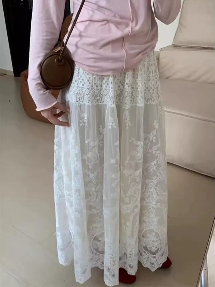 Jupe longue en dentelle blanche EOENKKY pour femmes, style bohème coréen, printemps été, polyester, silhouette une ligne, taille haute, légèrement extensible, entretien facile, idéale pour diverses occasions