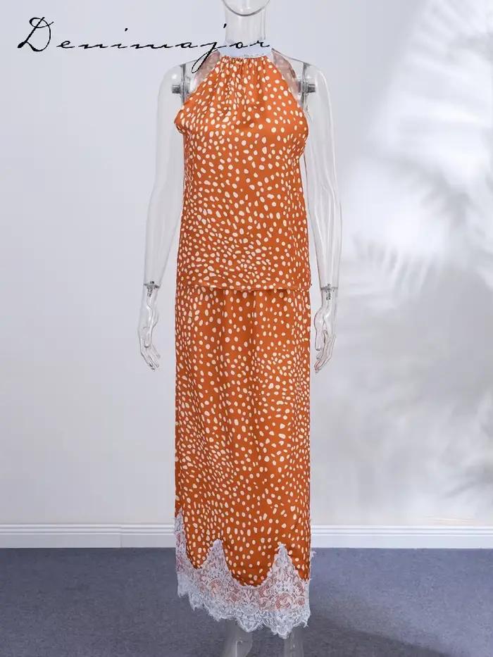 Ensemble jupe et haut imprimé élégant avec ruban réversible et insert en dentelle