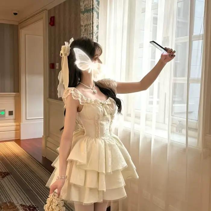 Jupe courte style princesse avec nœud papillon et manches bouffantes design taille haute amincissant robe trapèze fraîche et élégante été polyester pour femmes occasions spéciales