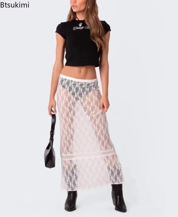 Jupe longue sexy en dentelle et résille transparente pour femme 2026