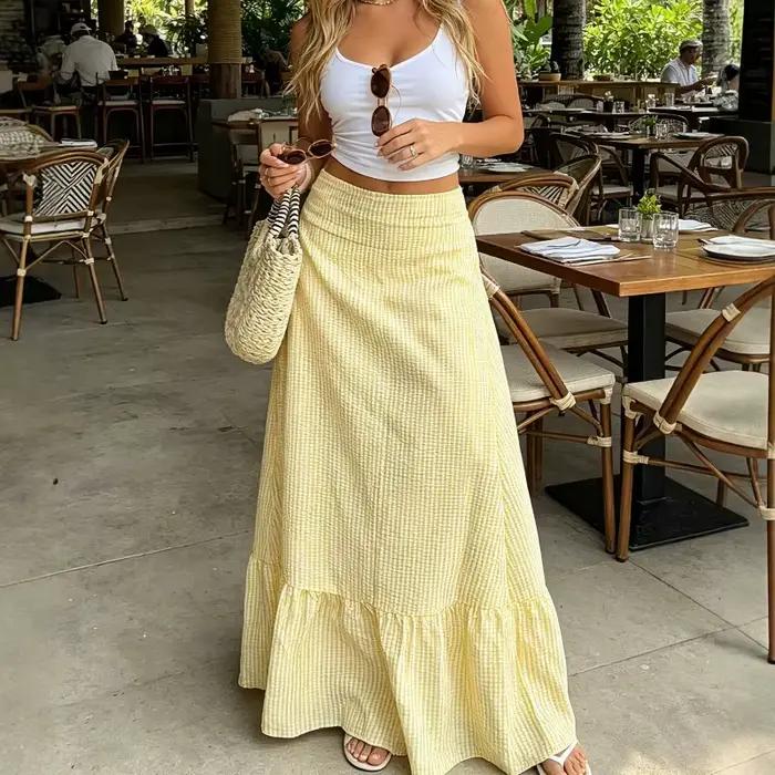 Jupe longue maxi évasée à volants et rayures gingham pour femme