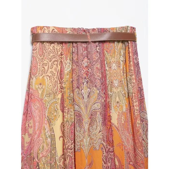 YENKYE Jupe mi-longue à imprimé cachemire pour femme avec ceinture taille haute fluide décontractée d'été style bohème