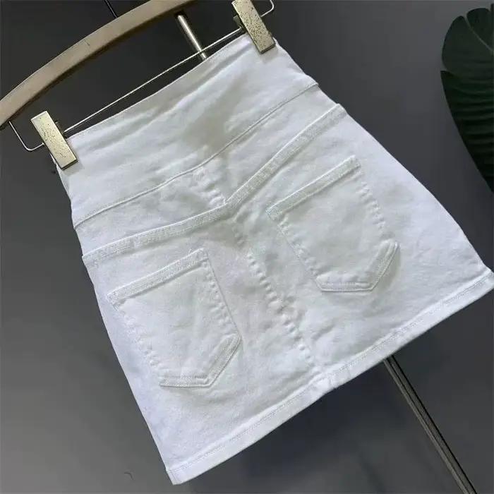 Nouvelle jupe en jean taille haute blanche bouton a-word jupes de hanche pour les femmes avec poche