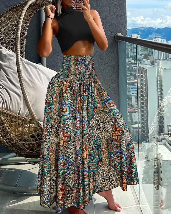 Jupe longue imprimée floral polyester pour femmes, taille haute, longueur cheville, couleur multiple, style bureau dame, artisanat TAT, confort et élégance estivale