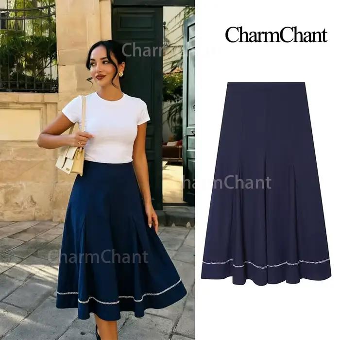 Jupe mi-longue plissée bleue taille haute pour femme CHARMCHANT