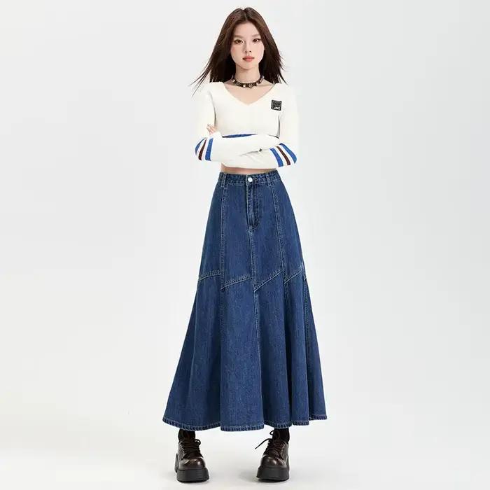 Femmes bleu a-ligne Denim jupe Vintage esthétique Y2k Patchwork nouvelle Jean