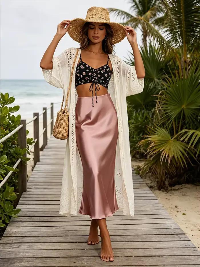 Jupe midi en satin minimaliste taille haute à coupe biais et ourlet fluide pour le bureau et le streetwear décontracté