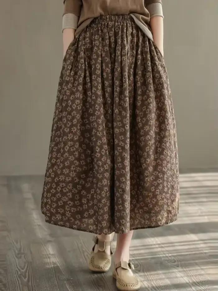 Nouveauté 2025 automne Style Vintage imprimé fleuri ample confortable dames élégante a-ligne jupe longue D536 femmes jupes décontractées