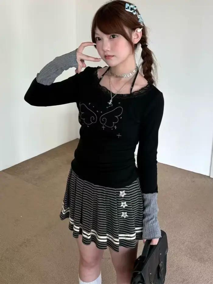 Designer Vintage gris rayé jupe courte femmes Style Preppy lâche Hepburn gothique jupes femme chaude fille rétro tenues décontractées