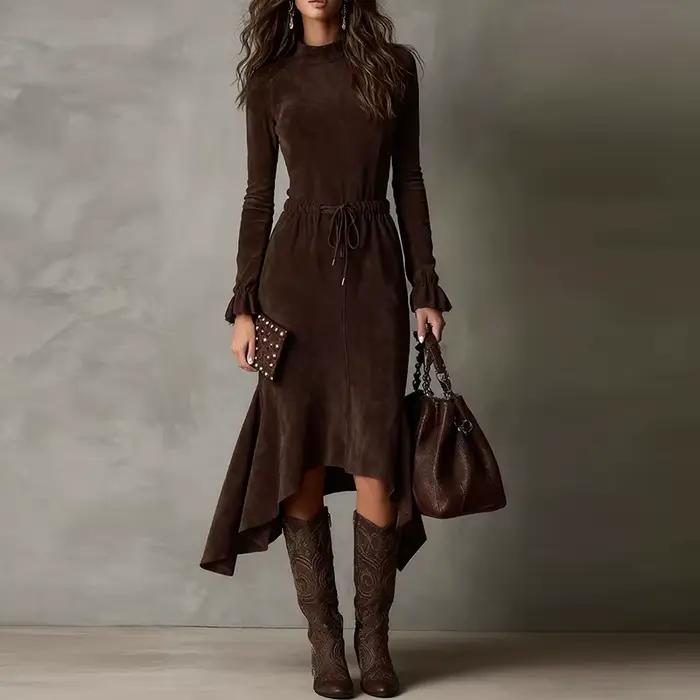 Robe en polyester élégante pour femmes, coupe irrégulière, automne hiver, longueur mi-longue, silhouette gracieuse, style décontracté et élégant, soirée et quotidien, couleur chocolat, tailles variées