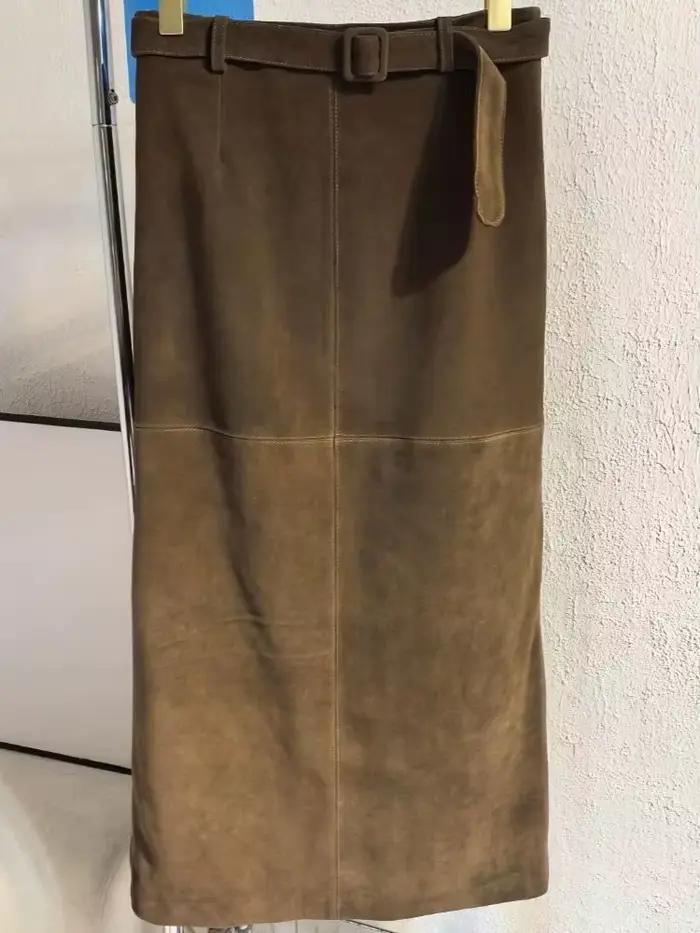 Jupes longues rétro en daim et cuir véritable pour femmes