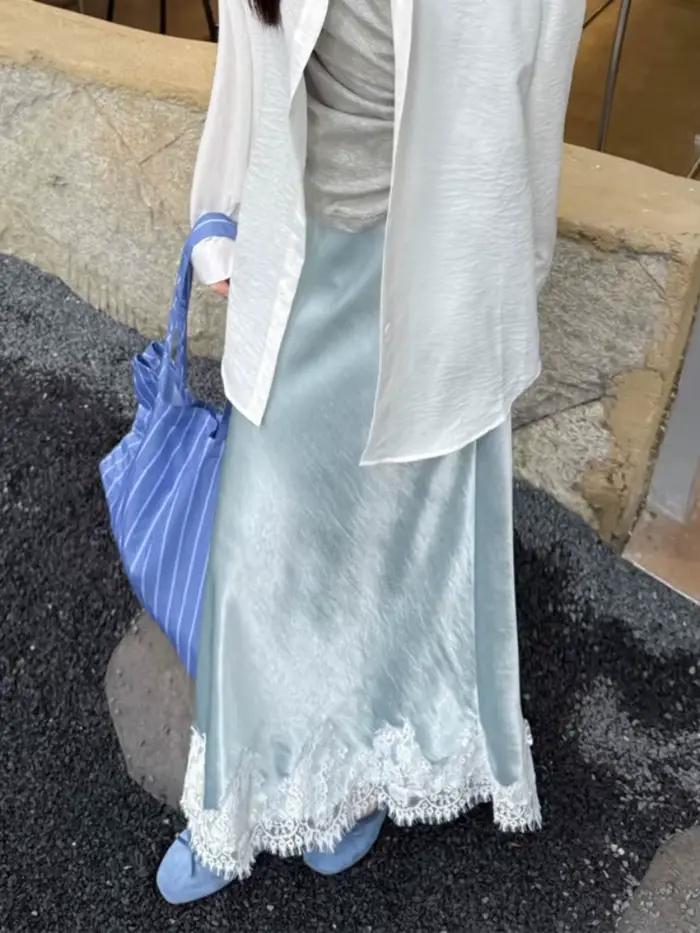 Jupe mi-longue en Satin et dentelle pour femmes