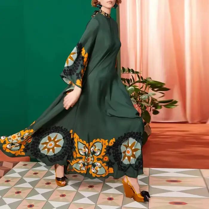 Robe longue ethnique rétro imprimée style Boho pour femmes, Sexy, col montant, à lacets, robe de soirée, manches longues, ample, Maxi, automne