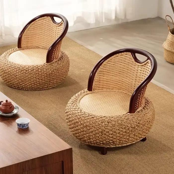 Chaise d'appoint ronde en rotin tissé, siège de sol confortable avec dossier, Pouf confortable pour balcon et salon