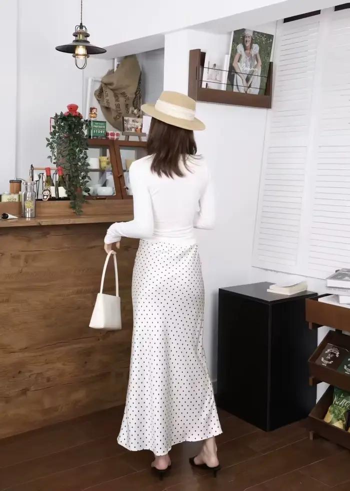 Jupe longue mi-longue à pois taille haute en satin fluide pour femme ETJ