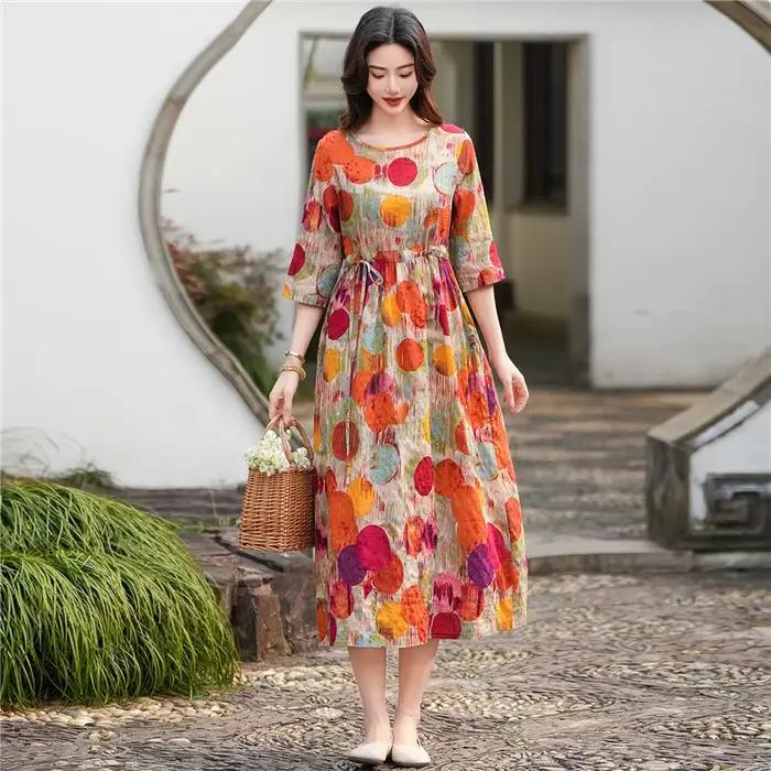 Robe longue en coton à manches mi-longues pour femmes, imprimé floral, lin, vintage, mode, vacances, style voyage, plage, robes décontractées, été