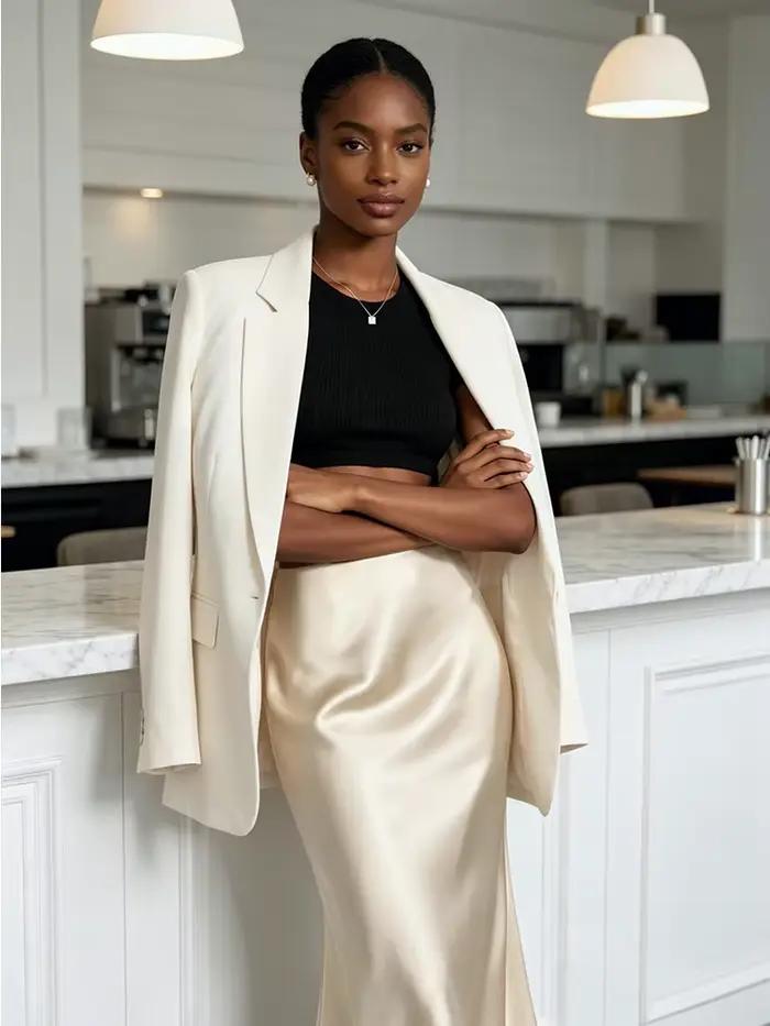 Jupe midi en satin minimaliste taille haute à coupe biais et ourlet fluide pour le bureau et le streetwear décontracté