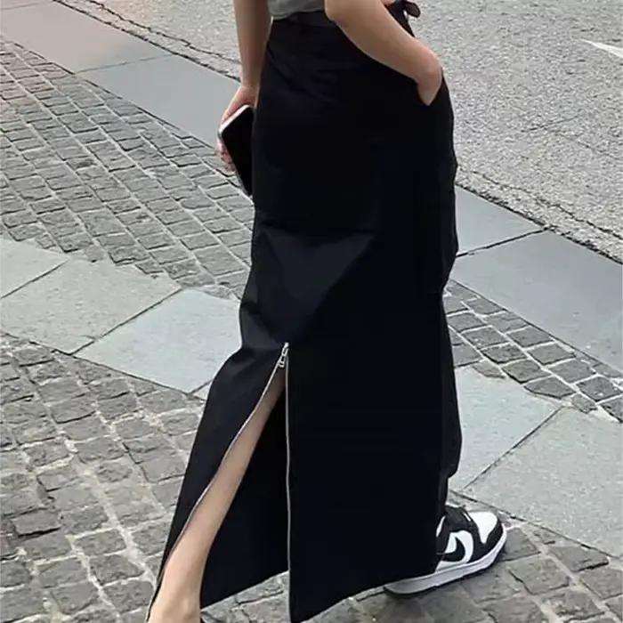 Jupe redingote noire femme 2025 printemps et été taille haute mince fendue
