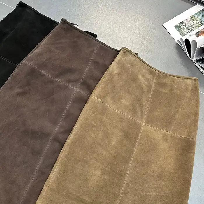 Femmes en cuir véritable Jupe taille haute café longue enveloppement hanche Style printemps automne décontracté dos