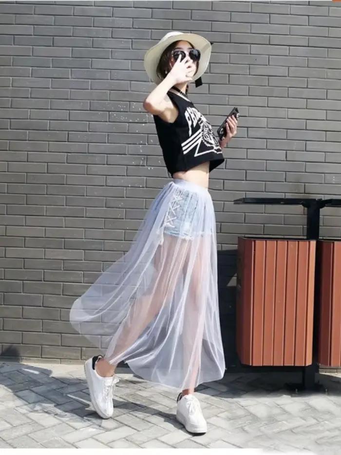 Jupe longue en dentelle pour femmes, noire et blanche, décontractée, taille basse, style bohème, sexy, transparente, maxi, été, 2024 ```