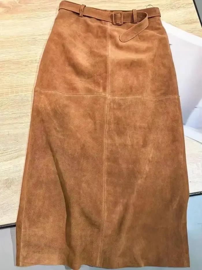 Jupes longues rétro en daim et cuir véritable pour femmes