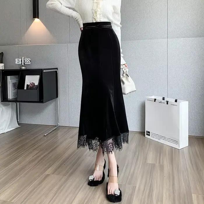 Automne hiver Vintage velours dentelle Patchwork femmes jupes portefeuille 2025 nouveau taille haute noir décontracté