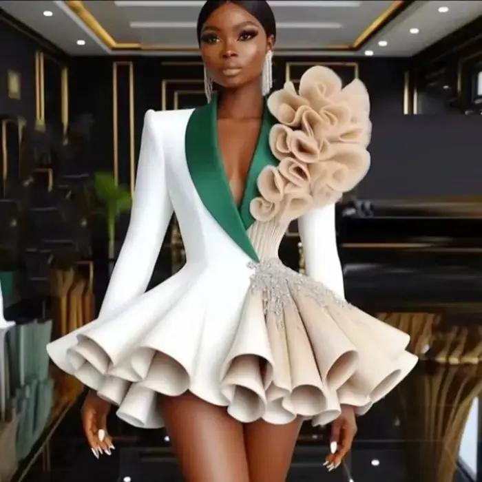 Robe Courte de Soirée Cocktail Sexy à Col en V Profond, Manches Longues, Perles et Plis, Robe de Bal pour Femme Africaine, Robe d'Anniversaire Personnalisée