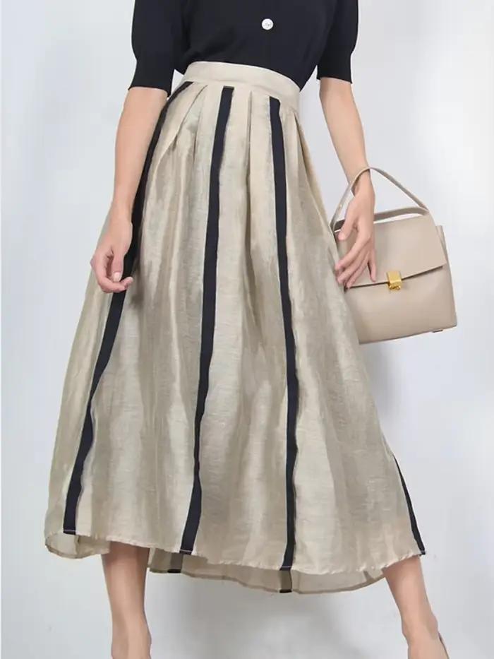 Jupe mi-longue plissée en lin mixte style français élégant à offrir pour femme printemps été occasions spéciales