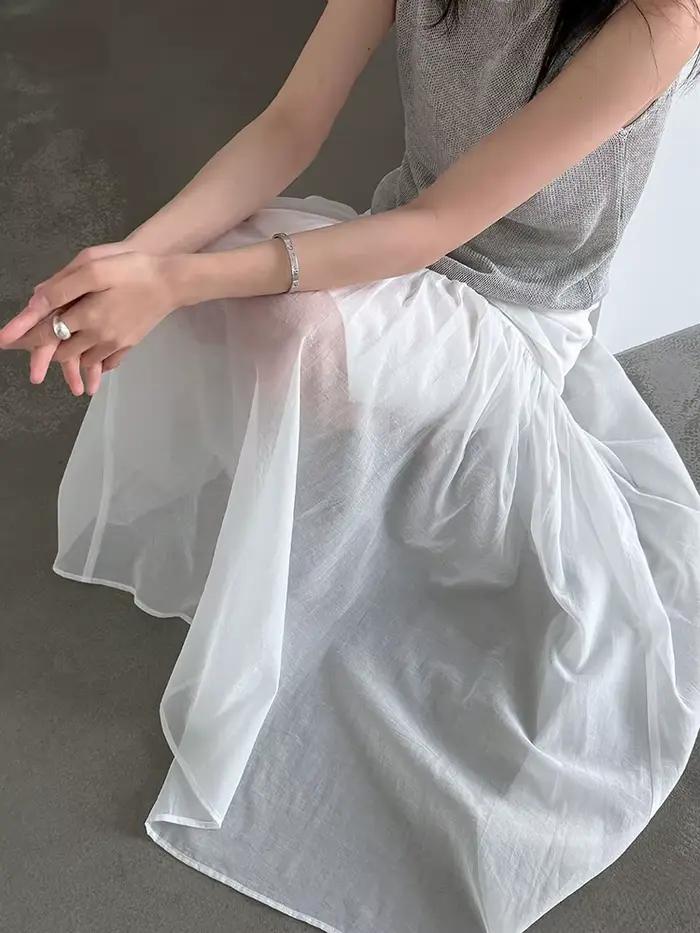 Jupe longue trapèze élégante à taille haute en maille grise et blanche pour femme, nouvelle collection printemps automne 2026, décontractée et polyvalente