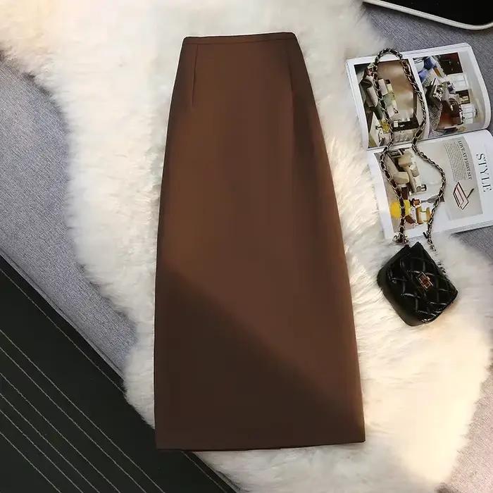 2025 jupes formelles élégantes femme automne nouvelle mode taille haute drapé longue marron costume jupe fermeture éclair femmes