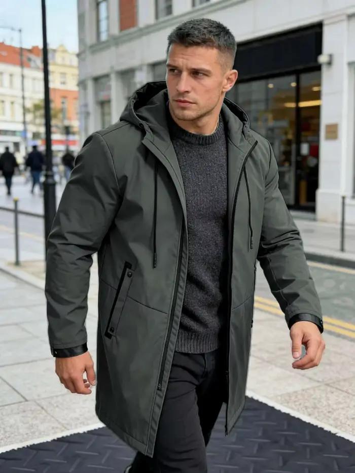 Parka longue à capuche pour homme noir, coupe-vent mi-longue décontractée urbaine avec capuche ajustable et poches zippées