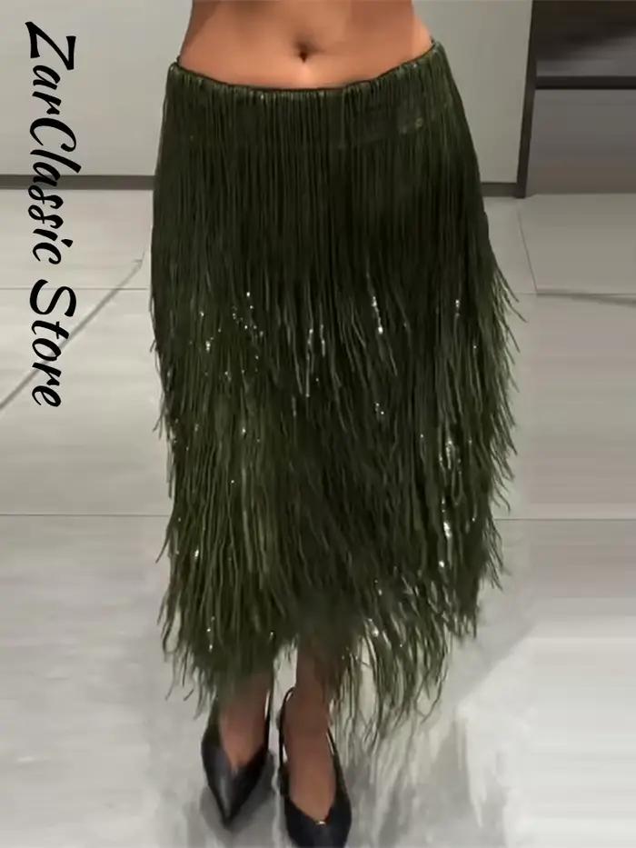 Chic gland paillettes jupe longue irrégulière femmes taille haute a-ligne jupes décontractées 2025 été automne dame brillant rue fête vêtements