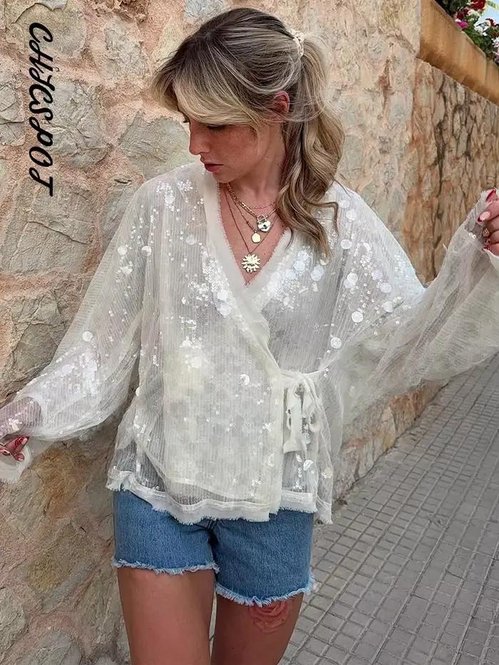 Nouveaux hauts amples à lacets et sequins pour femmes