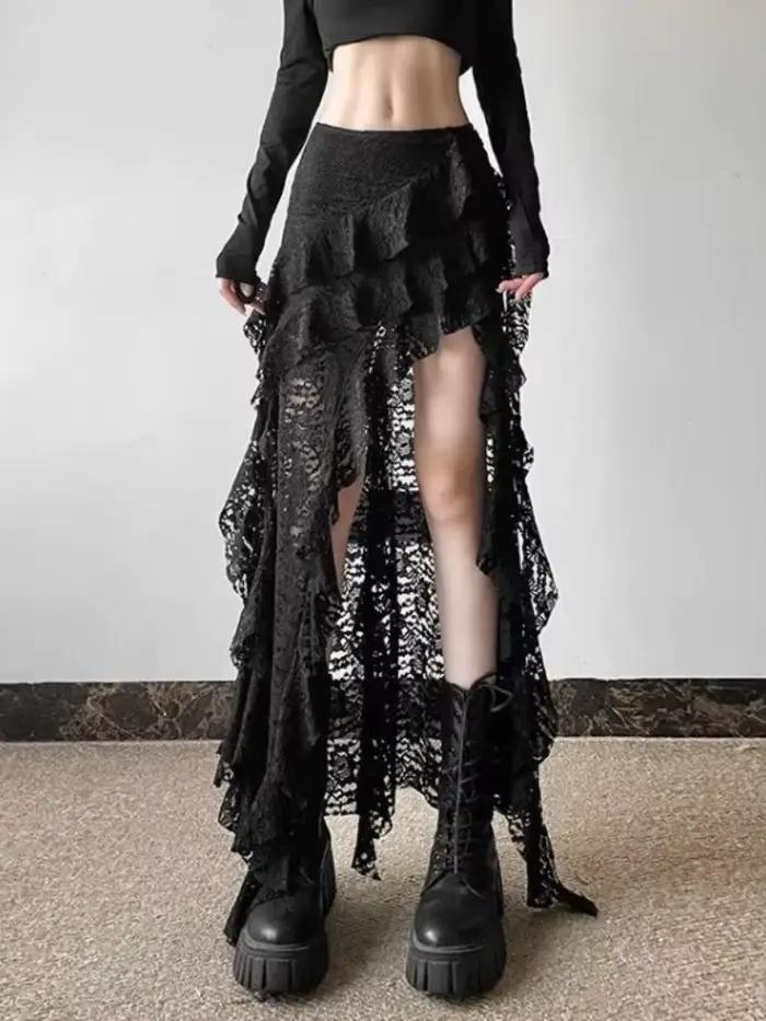 Jupe noire en dentelle Patchwork à volants pour femmes style Y2K grunge taille haute mi-mollet tricoté printemps été 2025